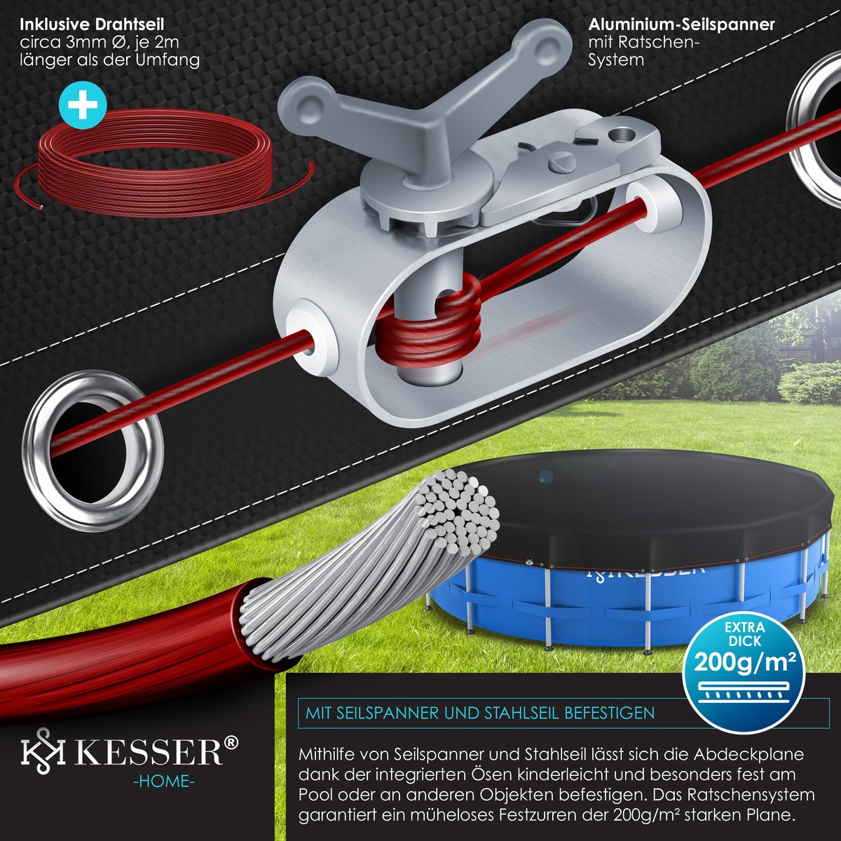 KESSER® Zwembad zonnezeil - Afdekzeil - Ø488cm - Zwart •