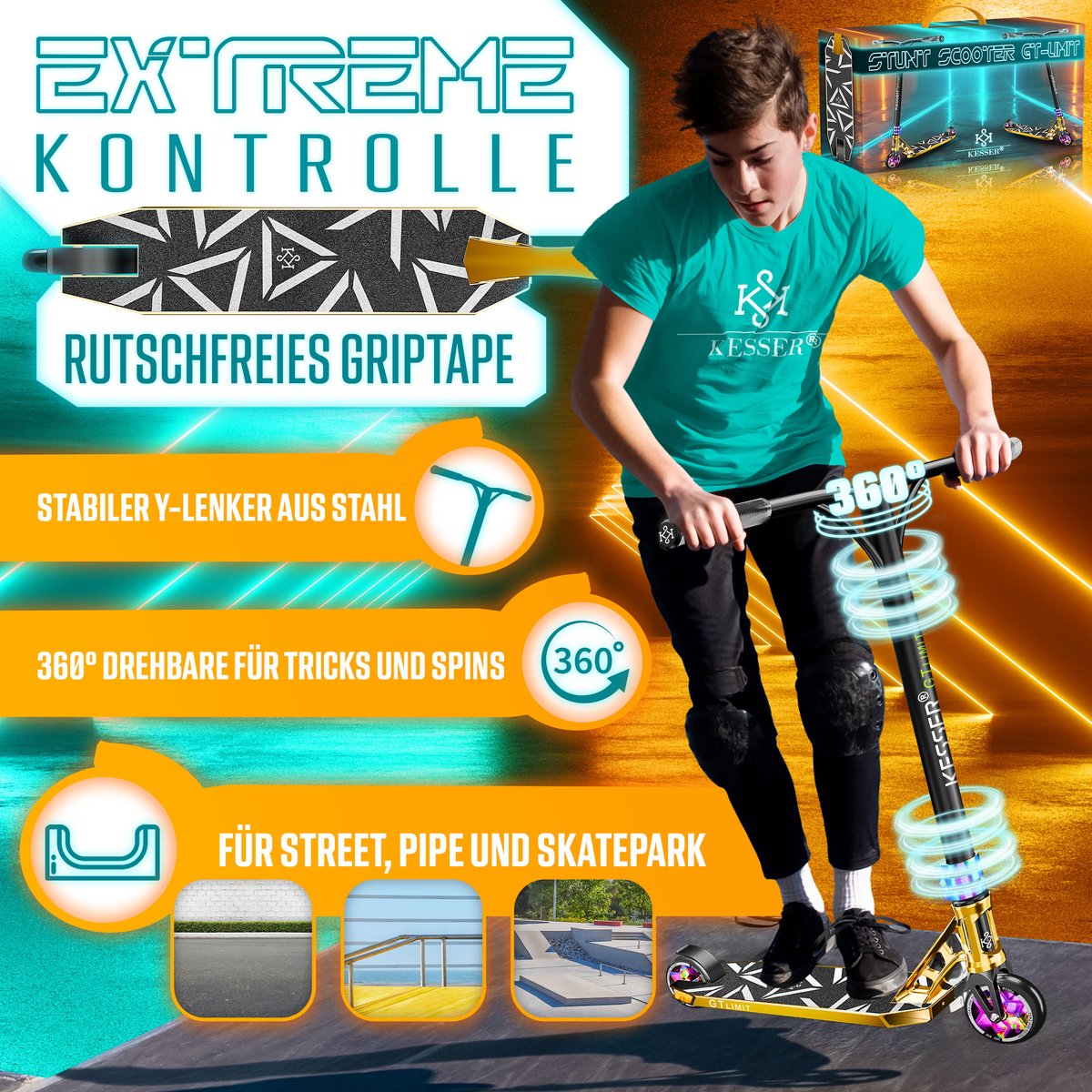 KESSER® Stuntstep GT-Limit 360° voor Volwassenen en Kinderen - Step met Standaard ABEC 9 Kogellagers, 110 mm PU Wielen Stunt Scooter - Goud