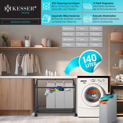 KESSER® Wasmand op Wieltjes met 4 Uitneembare Vakken - Wassorteerder Waszak - Grijs
