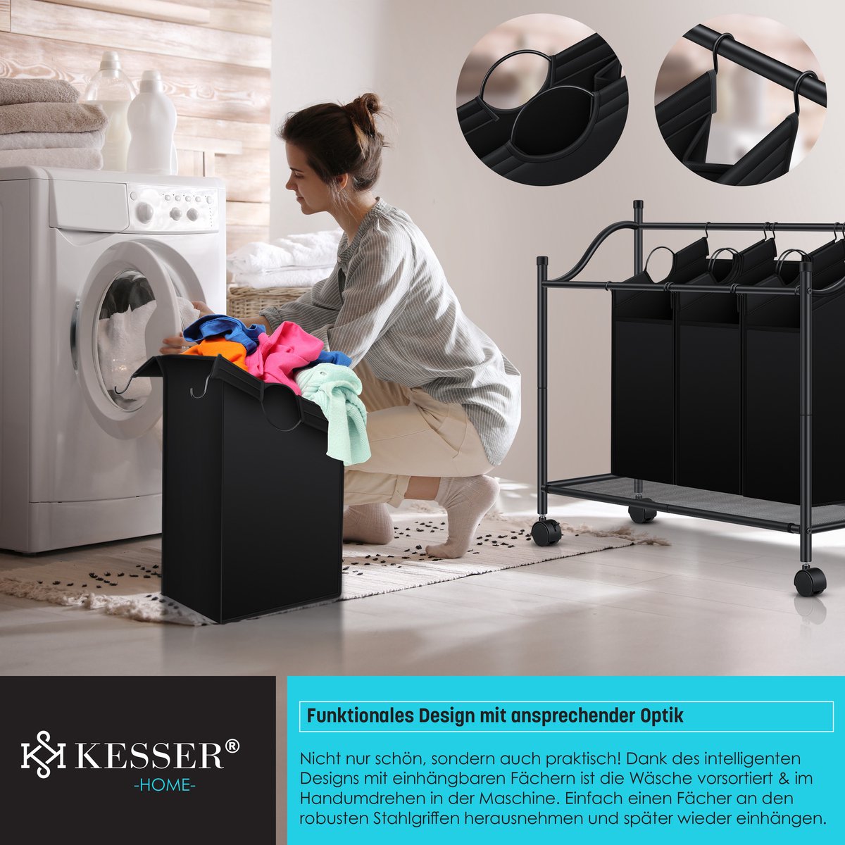KESSER® Wasmand op Wieltjes - 4 Vakken - Wassorteerder - Zwart •