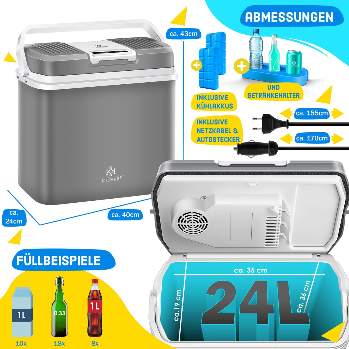 Koelbox Elektrisch – 12V en 230 volt - Coolbox - Frigobox - 24L – Grijs •