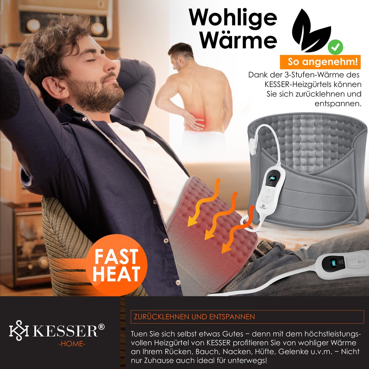 KESSER® Warmtekussen - elektrische verwarmingskussen voor buik en rug Incl. tas - warmteband met 3 temperatuurinstellingen & automatische uitschakeling - Verwarmingsband met verstelbare band en klittenbandsluiting - Grijs