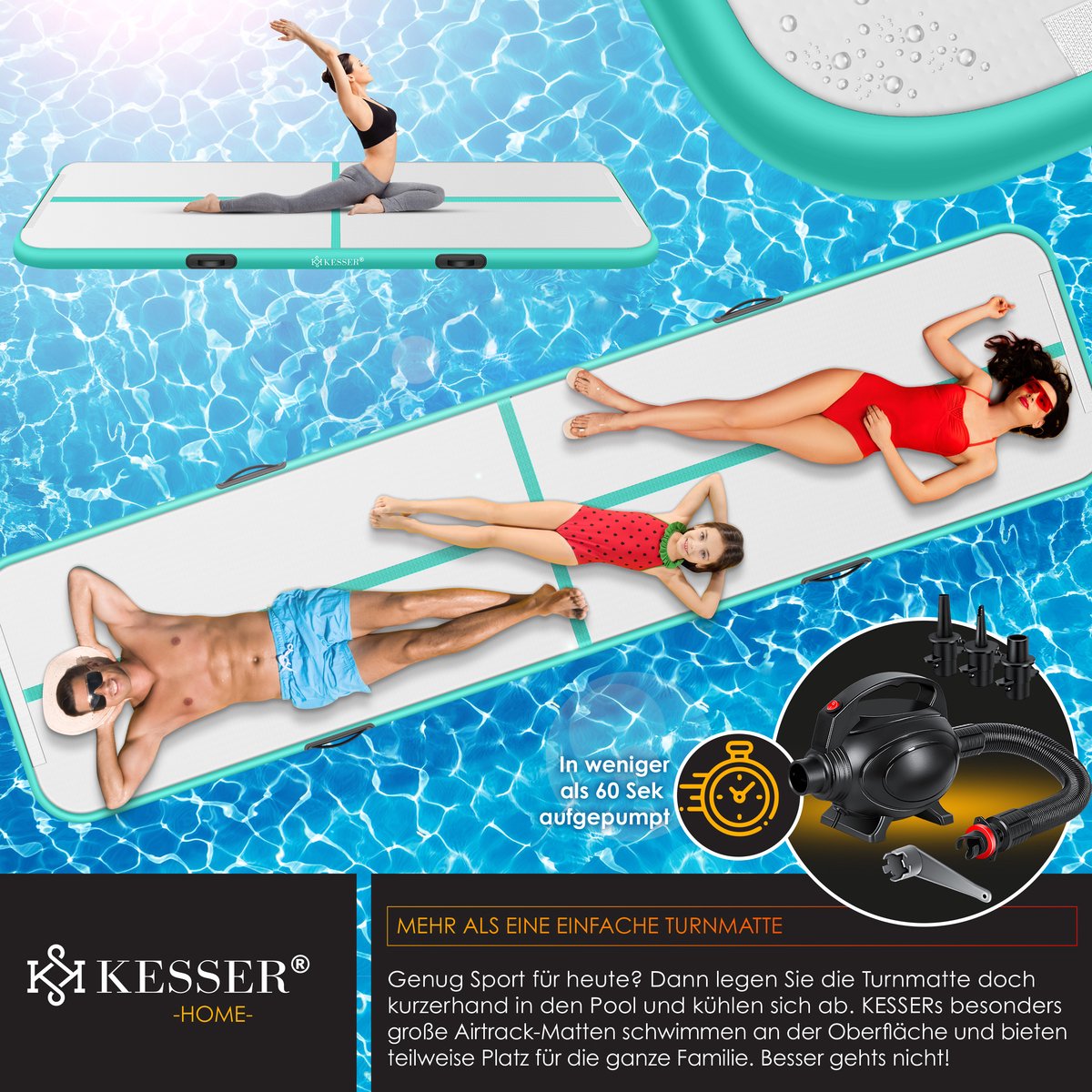 KESSER® Gymnastiekmat Opblaasbare Airtrack Fitnessmat|Yogamat,Tumblingmatten,Trainingsmat,Sportmat |Sporten & Spelen|Buiten & Binnen|incl. Draagtas & Electr. Luchtpomp - Mintgroen / 5M