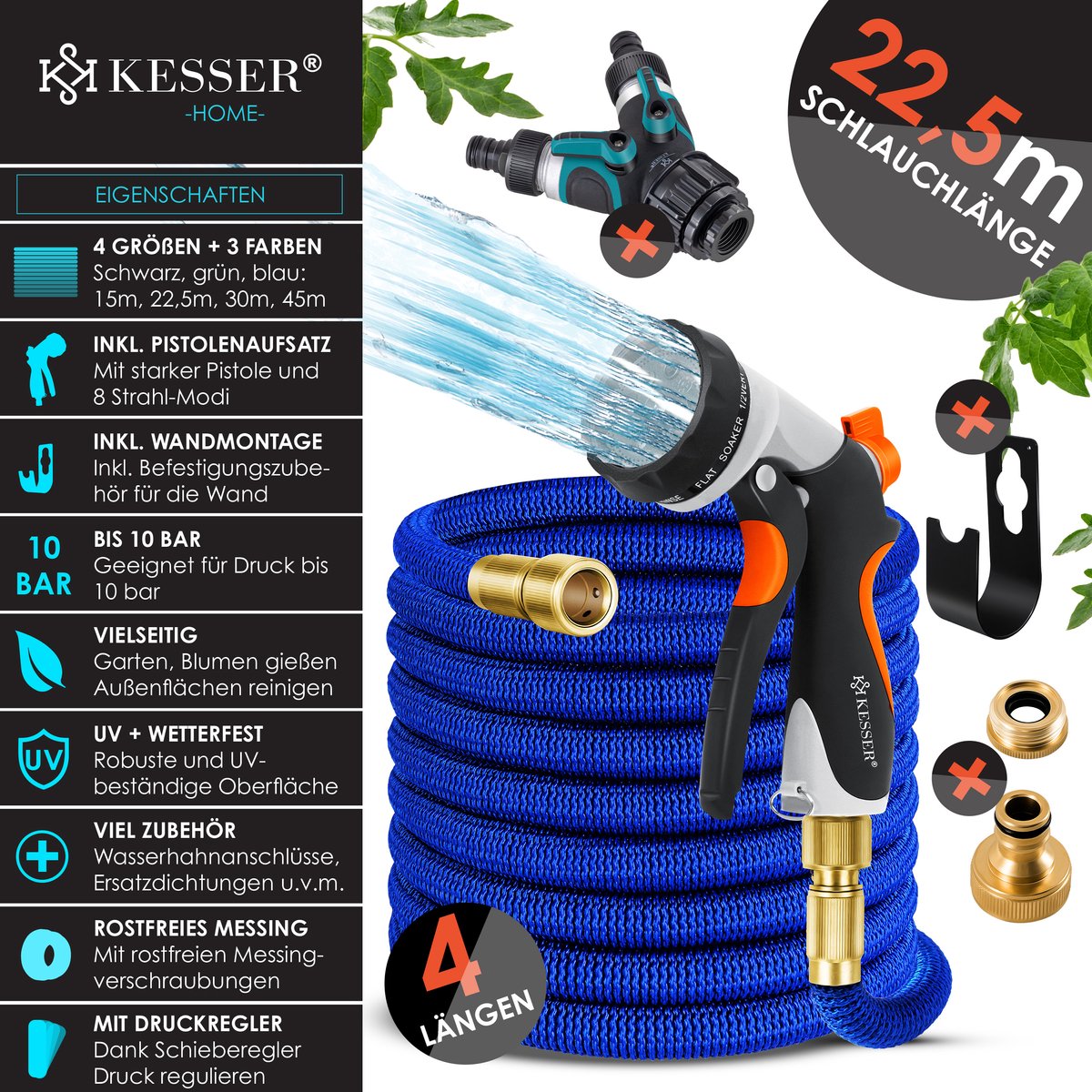 KESSER® Premium Tuinslang flexibel 22,5 meter - uitrekbare Tuinslang inclusief aansluitingen, Ophanghaak en Sproeikop - Blauw