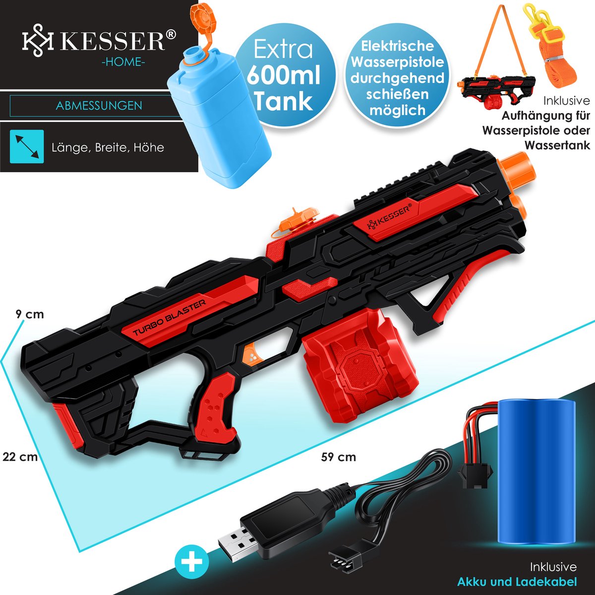 KESSER® Elektrisch Waterpistool met Batterij Spuitpistool 1000 ml + 600 ml Extra Tank Groot Waterspuitpistool voor Kinderen en Volwassenen, Watergun Zeer Krachtig 8m Bereik, Buitenspeelgoed - Zwart / Rood