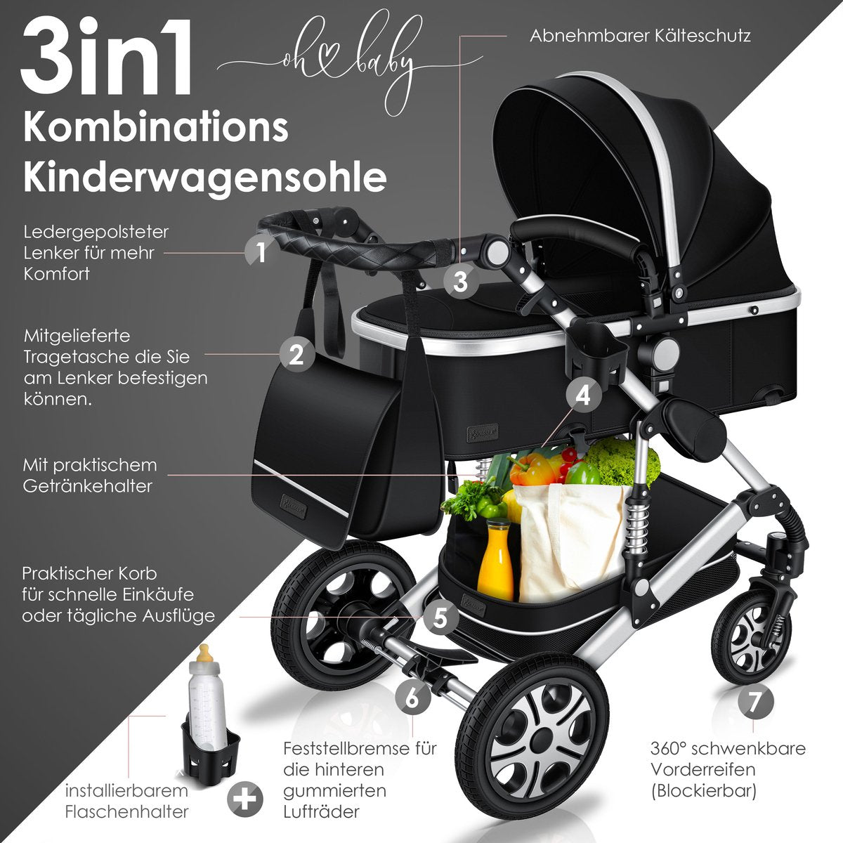 Kinderwagen 3 in 1 - Buggy - Wandelwagen - Kinderbuggy - Zilver - KESSER®