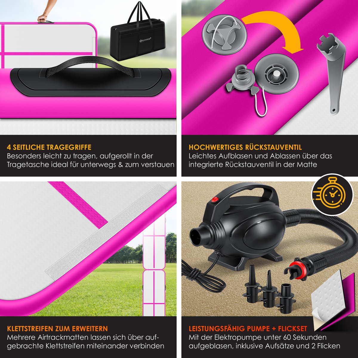 KESSER® Gymnastiekmat Opblaasbare Airtrack Fitnessmat|Yogamat,Tumblingmatten,Trainingsmat,Sportmat |Sporten & Spelen|Buiten & Binnen|incl. Draagtas & Electr. Luchtpomp - Roze / 6M
