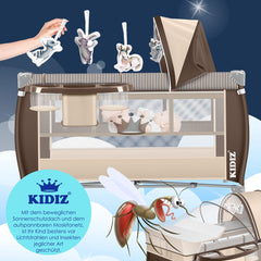 KIDIZ® Campingbedje Reisbedje Reiswieg Babybedje 3 in 1 Combi Set Ledikant met Verschoningsmatje Klamboe Kinderbox Baby vanaf de geboorte tot 15 kg Luchtige zijwanden met zijingang Opvouwbare Draagtas - Bruin