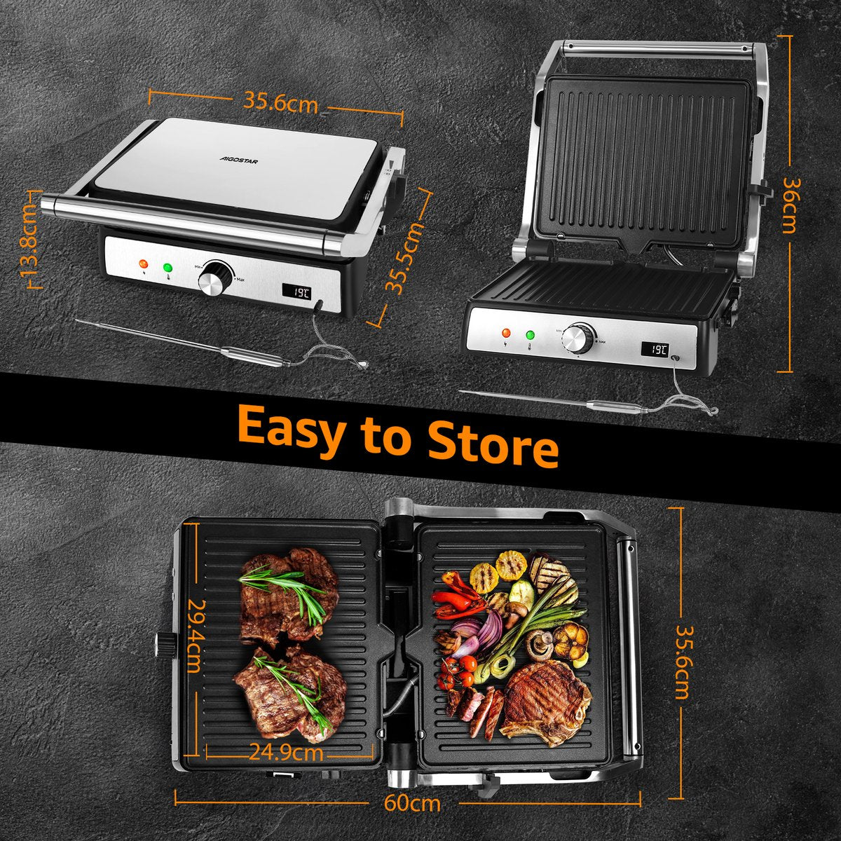Aigostar Contactgrill - Panini Grill - Antiaanbaklaag - 2000W - Grijs