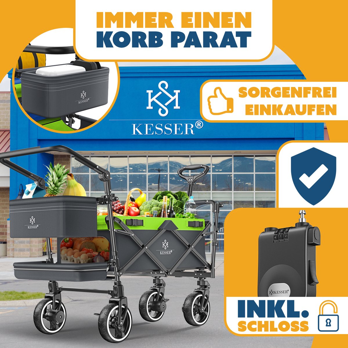 KESSER® Bolderkar GTS-9100 opvouwbaar met Dak tot 80 kg draagvermogen - Antraciet / Neongroen