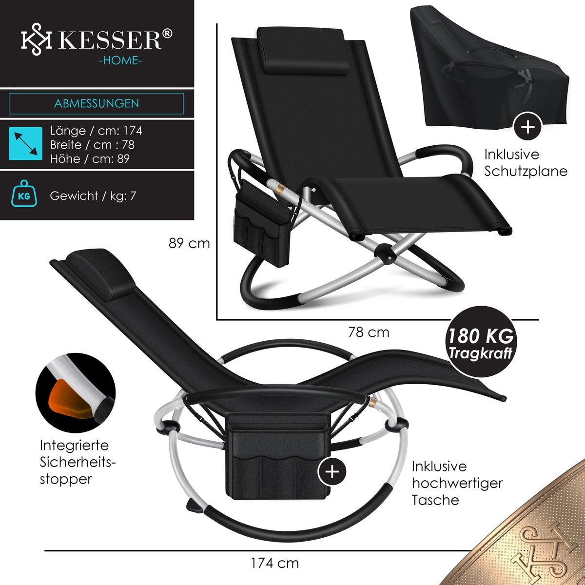Ligbed - Ligstoel - Zonnebed - Relaxstoel - Zwart - KESSER®
