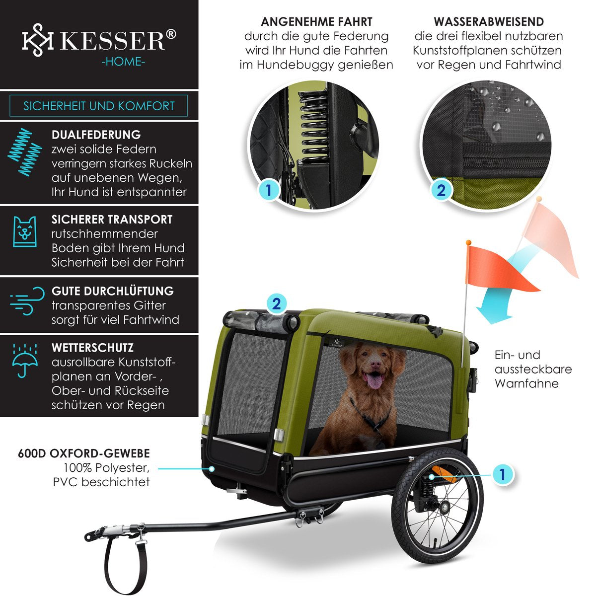 KESSER® Hondenfietskar tot 40 kg 3in1 Hondenbuggy - Fietskar Hond Jogger - Khaki
