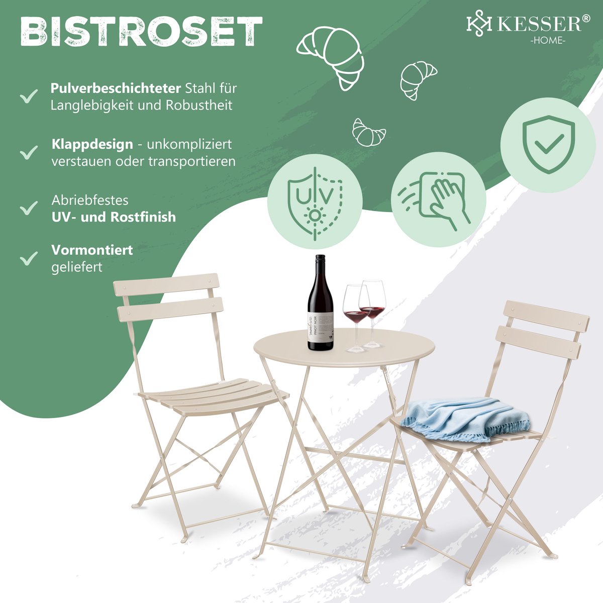 KESSER® Bistroset 3-delige Tafel met 2 inklapbaar stoelen - Balkonset Bistrotafel Bistrostoel Vouwmeubels Tuinset Zitgroep Metalen Tuintafel - Cappuccino