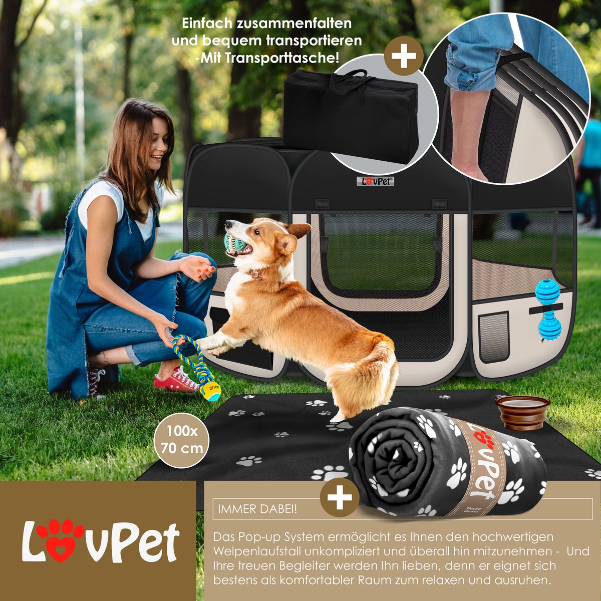 LOVPET® Puppyren voor Kleine Dieren Honden Katten - Opvouwbaar Hondenren inclusief kom en Haringen - Puppy Ren Pop-up Systeem Indoor & Outdoor Konijnenren - Beige