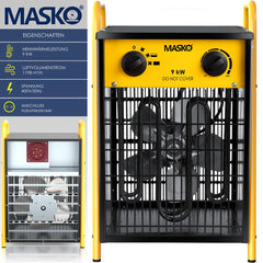 MASKO® Bouwkachel 9kW - Ventilatorkachel voor Binnen- en Buiten Elektrische Kachel Keramische Werkplaatskachel Electrische Verwarming 9000 Watt - Geel