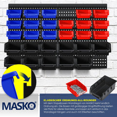 Masko® wandrek - stapelbak - gereedschapshouder Stapeldozen Muurplank 32tlg Doos Display Opbergdozen Bulkplank Boltless plank - Zwart / Blauw / Rood