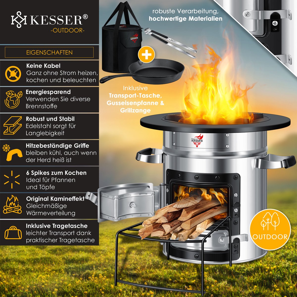 KESSER® Raket Stove / Camping Kachel / Wood Stove Incl. Gietijzeren Grillpan met Draagtas, Dutch Oven BBQ Raket Houtfornuis Camping Grill, Roestvrij Staal - Zilver