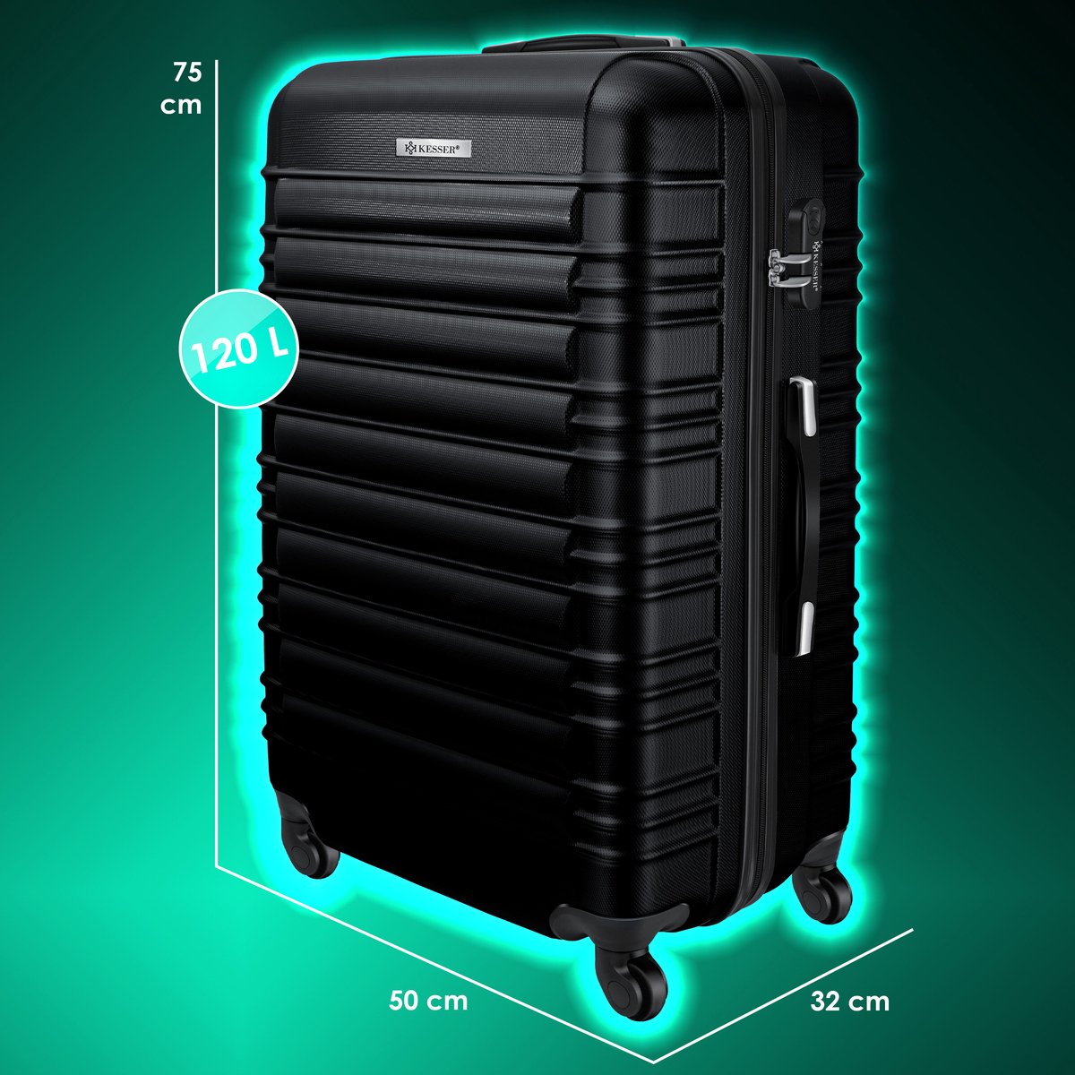 KESSER® 1x Koffer Incl. Bagageweger + Bagagelabel - Reiskoffer met 4 Wielen en Cijferslot, ABS Hardcase, Telescopisch handvat Trolley Bagagerolkoffer- 75cm - 120L, Zwart
