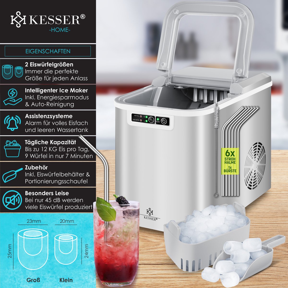 KESSER® Ijsblokjesmaker - Ijsblokjesmachine -12kg/24 uur - RVS - Zilver •