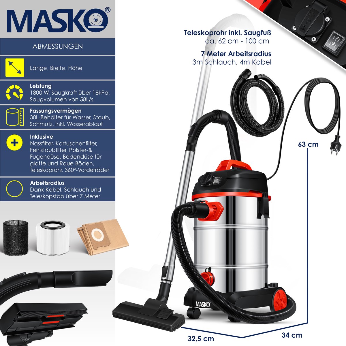 MASKO® Alleszuiger Nat- en Droogzuiger 1800W + stopcontact, Blaasfunctie, Droog- & natzuigen | Industriële stofzuiger vuilreservoir 30L Bouwstofzuiger - Rood