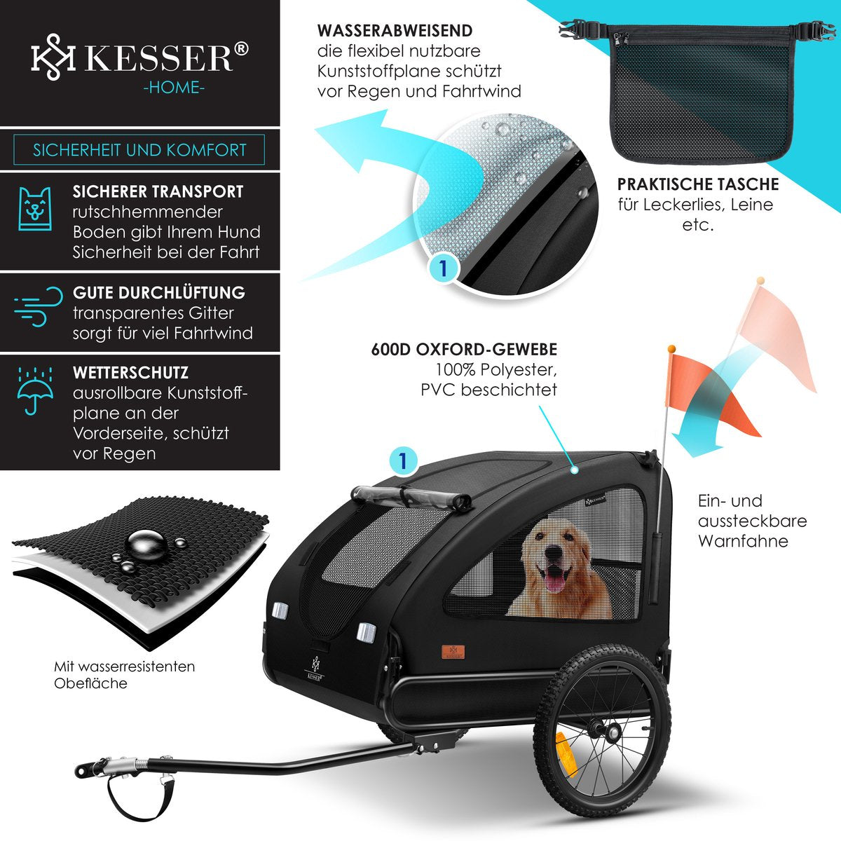 KESSER® Hondenfietskar tot 45 kg 2in1 Fietskar Hond - Zwart •