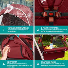 KIDIZ® Buggy 3 in 1 Kinderwagen Inklapbaar met voetenzak Baby Plooibuggy Wandelwagen inclusief Bekerhouder, regenhoes & klamboe Reisbuggy - Rood / Champagne