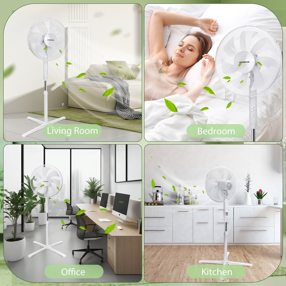 Aigostar Erika Statiefventilator - Oscillerende Ventilator Staand - Stille Werking - 3 Standen - In hoogte verstelbaar - 7 bladen - 50W - Wit