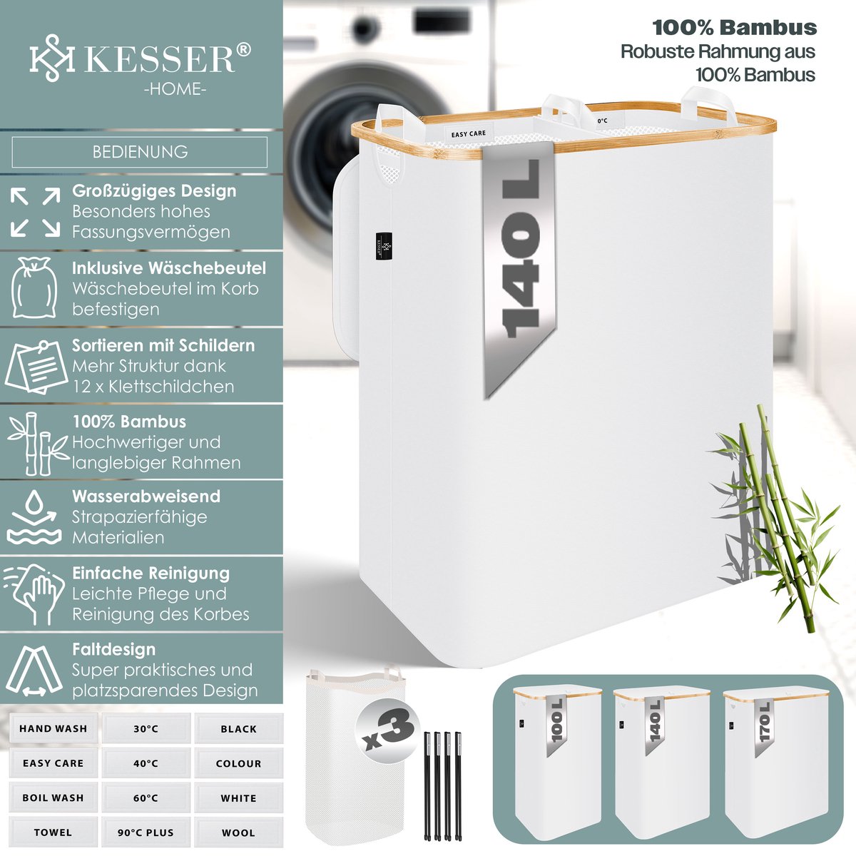 KESSER® Wasmand met Deksel - Opvouwbare Wasbox - Wassorteerder met Uitneembare 3x Waszakken inclusief wasinstructies - Wit, 140 liter