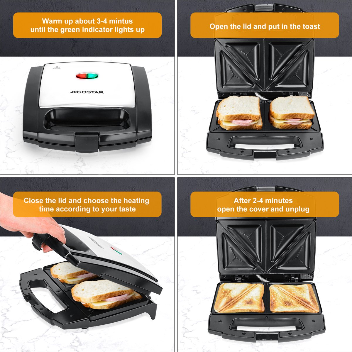 Aigostar Tosti ijzer - Sandwich maker - 800W - Zwart