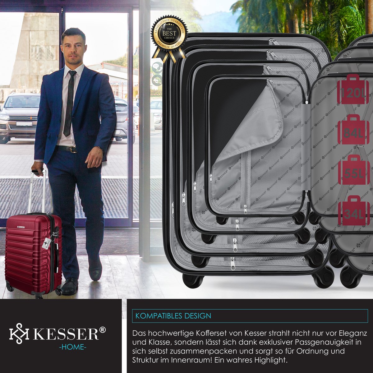 KESSER® 4x Koffer, reiskofferset, trolley koffer, incl. bagageweegschaal + bagagelabel rollend kofferslot, 4 wielen ABS, harde schaal telescoopgreep S-M-L-XL - Bordeaux
