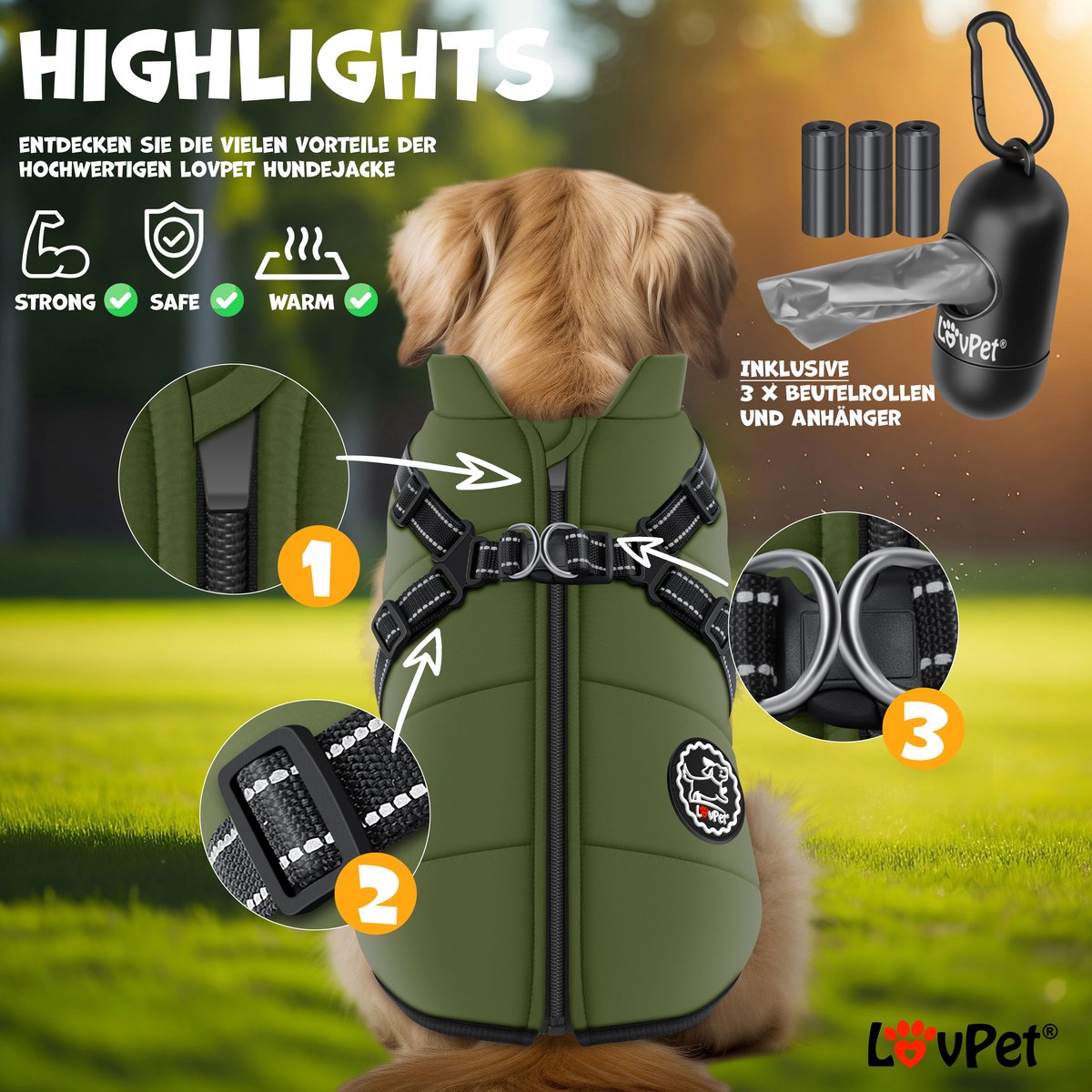 LOVPET® Hondenjas Hondenvacht met Harnas Waterafstotend, incl. 45 Stuks Poepzak + Dispenser, Winter Vest Hond Waterdicht Gevoerd, Gewatteerd Vest Met Borstband, Reflectoren, D-Ring - Khaki / L