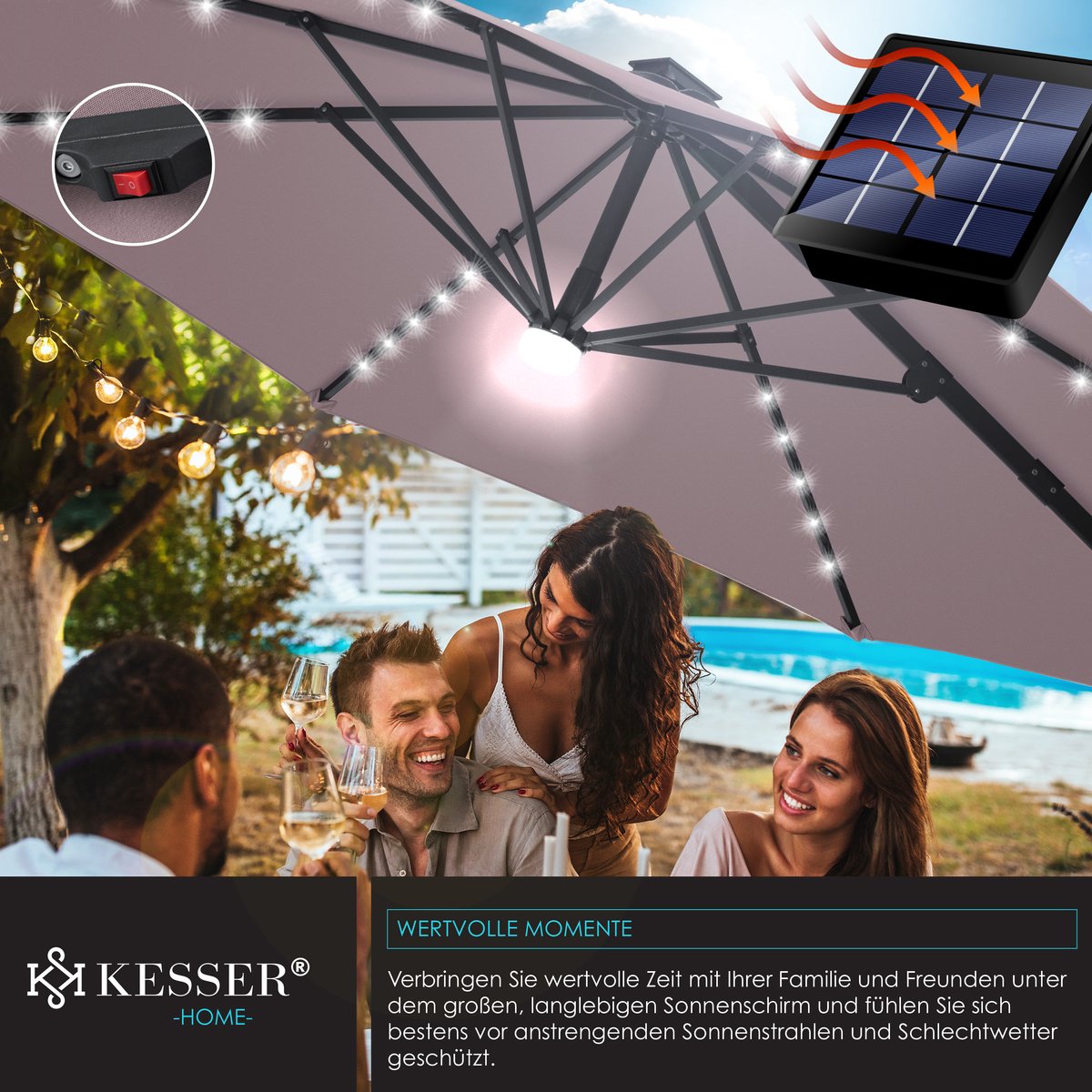 KESSER® SUN Zweefparasol XL Ø330 cm met LED Solar Verlichting - Parasol Inclusief Beschermhoes 360° Draaibaar UV50+ Tuinparasol Zonne-energie - Taupe