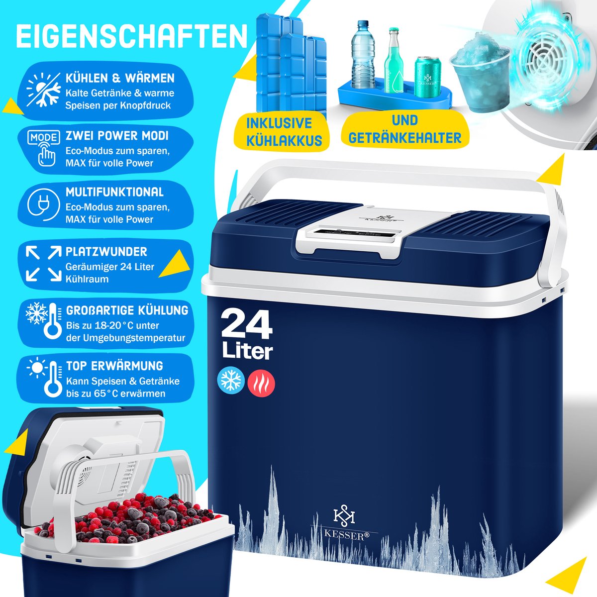 KESSER® Thermo-Elektrische Koelbox – 24L – 12V/230V – Marineblauw