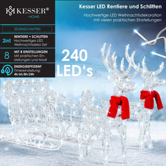KESSER® Kerstverlichting 240 LED´s 2x Rendier met Slee - lichtslang met timer voor buiten en binnen - LED Lampjes Kerstversiering kerstdecoratie - Wit (Wit LED´s)