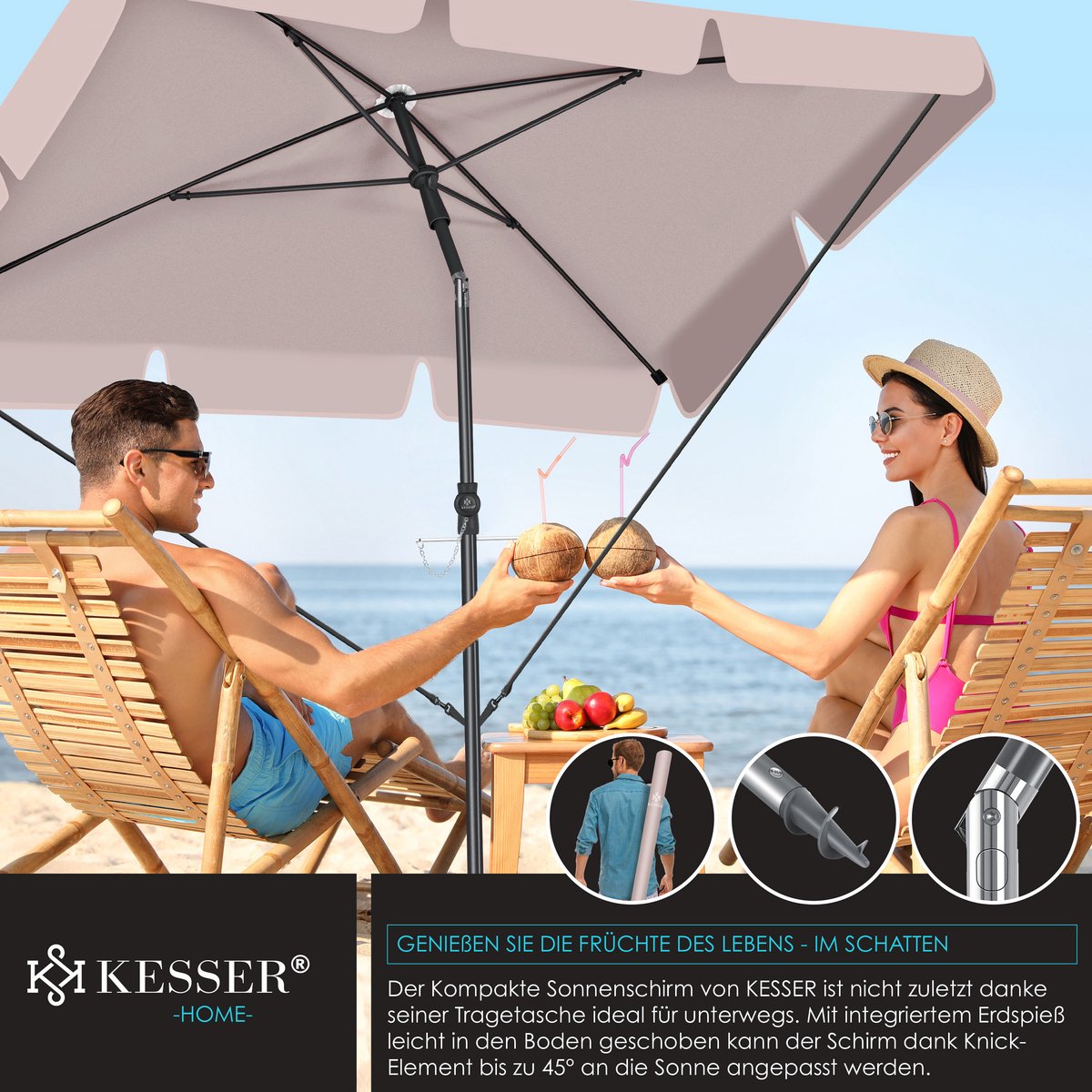 KESSER® Stokparasol Inclusief Beschermhoes & Draagtas 200 × 125cm - Parasol voor Balkon, Tuin & Terras Tuinparasol Strandparasol - Taupe