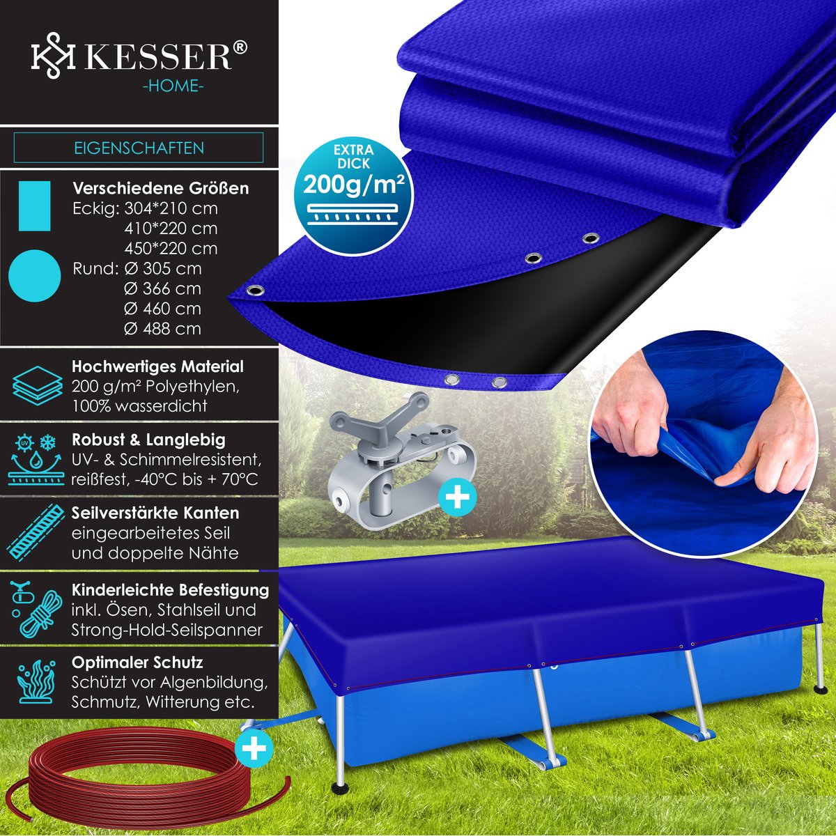 KESSER® Zwembad zonnezeil - Afdekzeil - 304x210cm - Blauw •