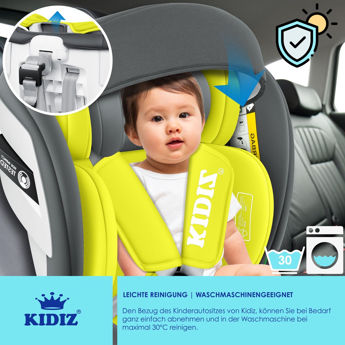 KIDIZ® Autostoeltje / Babyautostoeltje Isofix Top Tether 360° draaibaar Groep 0/1/2/3 vanaf de geboorte 0-36kg Met zonnekap Zijbescherming 5-puntsgordel Hoofdsteun Verstelling ECE R 129/03 - Grijs