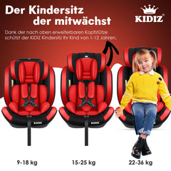 KIDIZ® Autostoeltje Groep 1+2+3  9-36 kg 5-punts veiligheidsgordel, Autostoeltje, Kinderzitje, Verstelbare Hoofdsteun | Stoelverhoger 1-12 jaar, Stabiel en Veilig - Rood