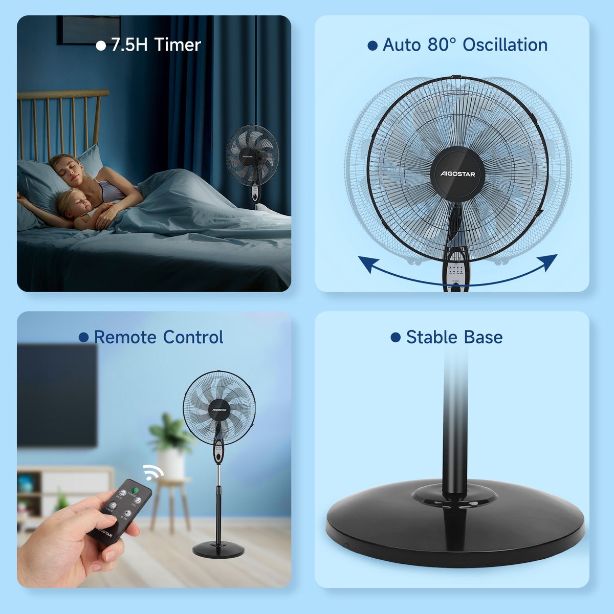 Aigostar Carr - Statiefventilator - 9 bladen - Ventilator Staand - Afstandsbediening - Ø 41cm - 60W - Staande Ventilator - Zwart