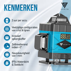 Vesto® 4D Kruislijnlaser - Zelfnivellerend Bouwlaser met 4-16 Lijnen - 360° Rotatie - Incl. Verstelbaar Statief - 50m Meetbereik - Inclusief Draagkoffer - Professionele Lijnlaser voor Bouw en Klussen
