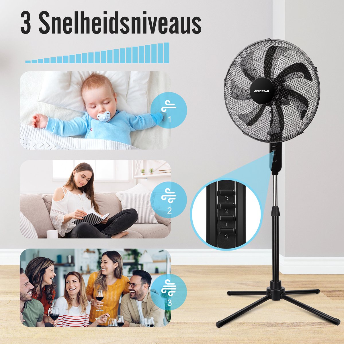 Aigostar Statiefventilator - Ventilator Staand - Verstelbaar - 50W - Zwart •