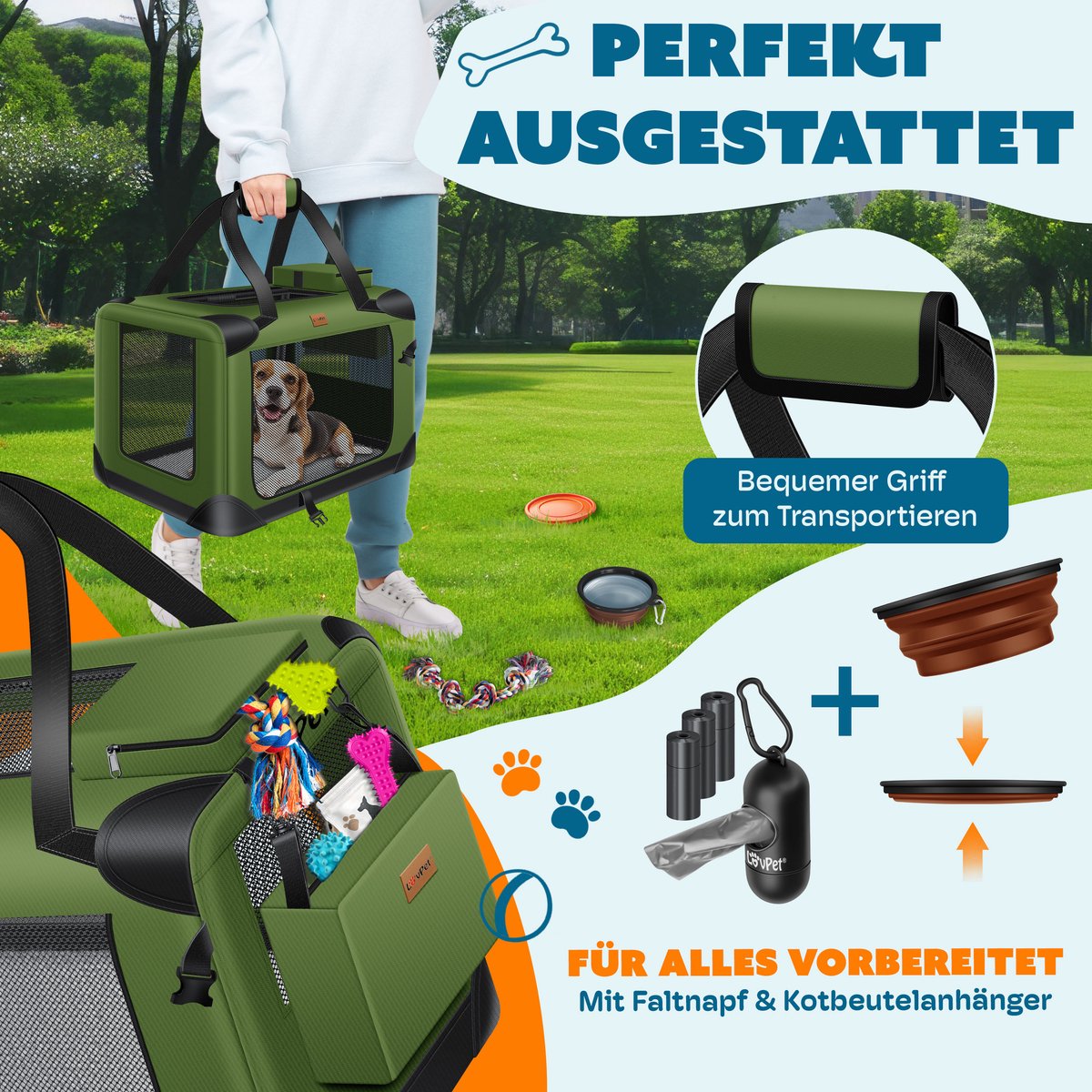 Reisbench hond - Draagtas hond - Transportbox - 102x69x69 - Khaki