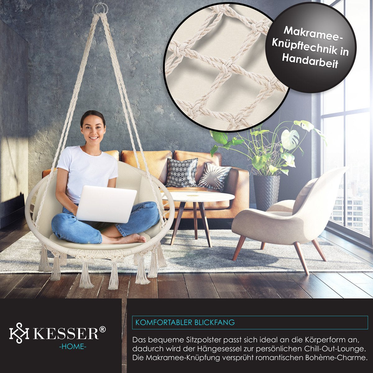 KESSER® Hangstoel Chill met Kussen voor Binnen en Buiten tot 150 kg - Beige