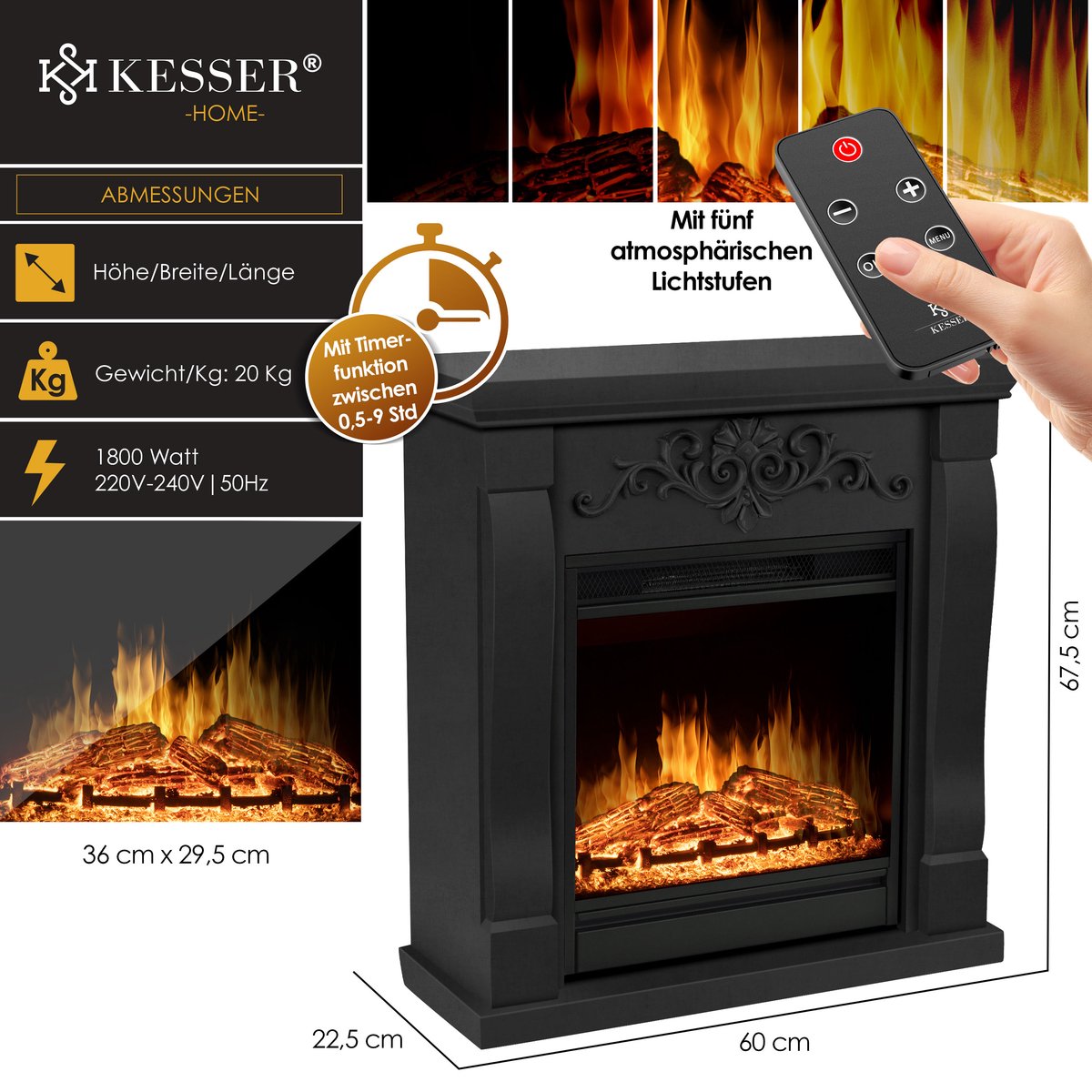 KESSER® Sfeerhaard Elektrisch Haard 1800W met LED Vlammen Dimbaar - Electrische Kachel met Timer & Afstandsbediening - Elektrische Verwarming met Thermostaat - Villa Zwart