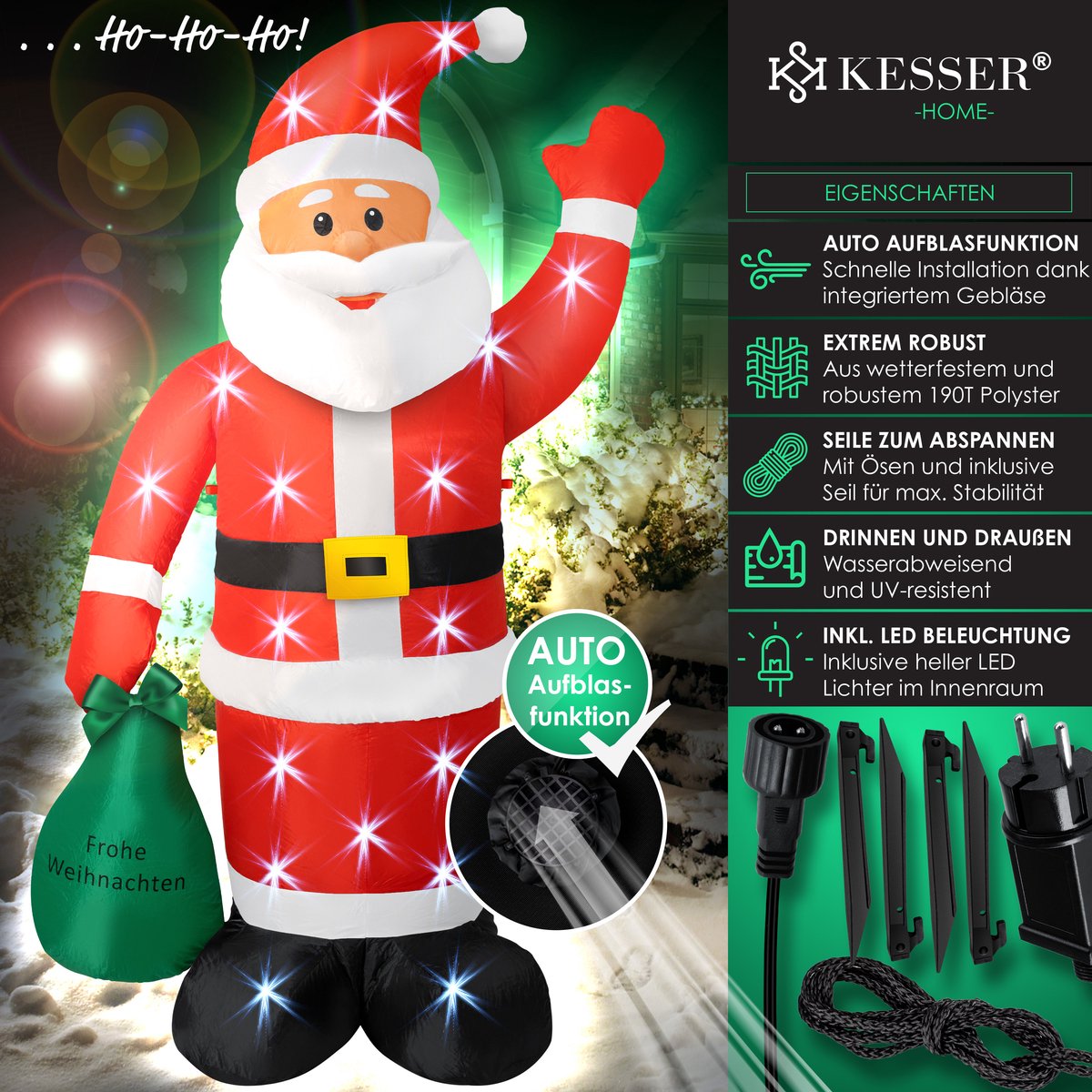 KESSER® XXL Opblaasbare Kerstman LED Verlicht - Kerstverlichting, kerstdecoratie, Kerstversiering, kerstman pop met bevestigingsmateriaal, weerbestendig IP44 - 195cm