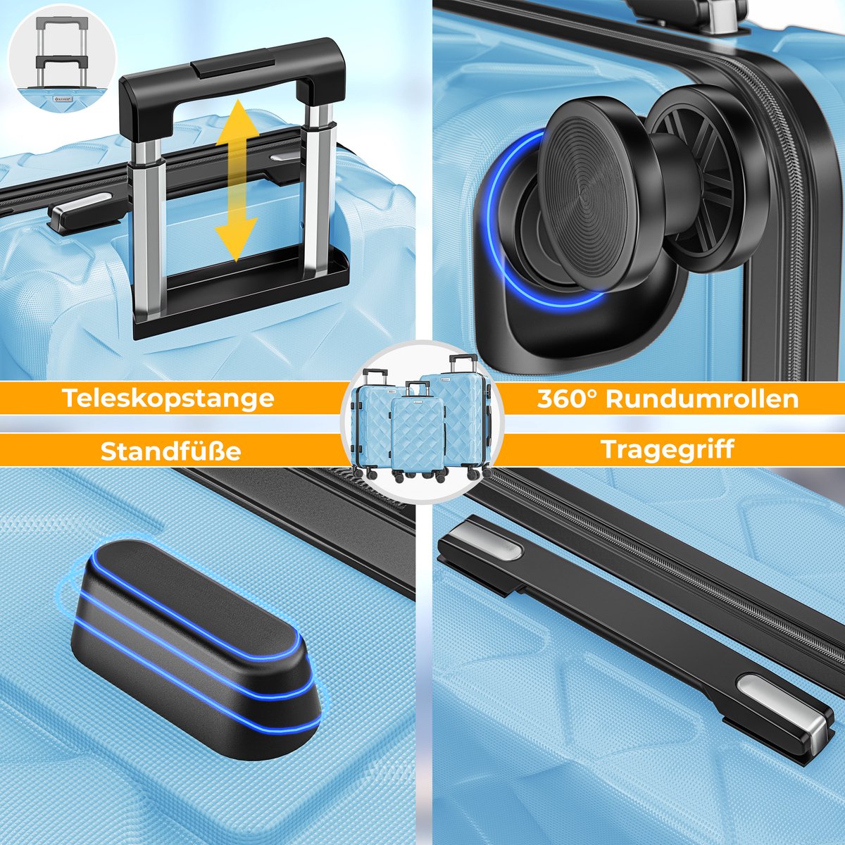 KESSER® Kofferset 3-delig | Reiskoffer met Wielen inclusief Paspoorthouder & kofferweegschaal & bagagelabel | Trolley Reiskofferset met groote Koffers & Handbagage / Ruimbagage - Sky Blue
