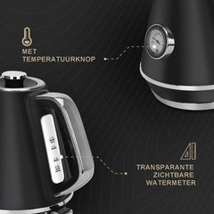 Waterkoker - Retro - met thermometer - 1.7L - 2200W - Zwart •