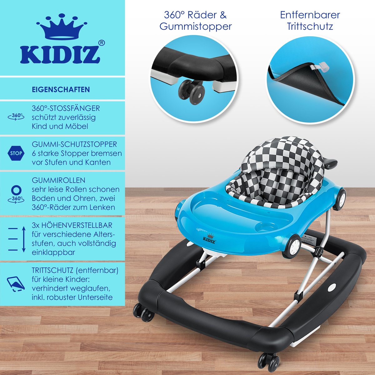 KIDIZ® 4in1 Baby walker - Loopstoel - Loopwagen - Opvouwbaar - Blauw