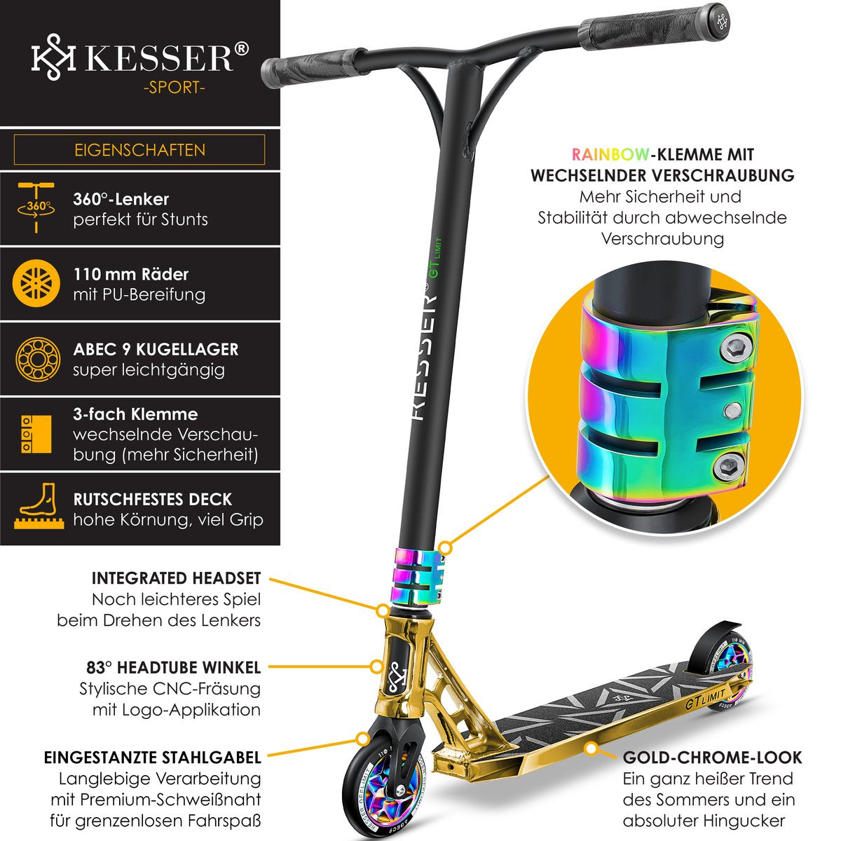 KESSER® Stuntstep GT-Limit 360° voor Volwassenen en Kinderen - Step met Standaard ABEC 9 Kogellagers, 110 mm PU Wielen Stunt Scooter - Goud