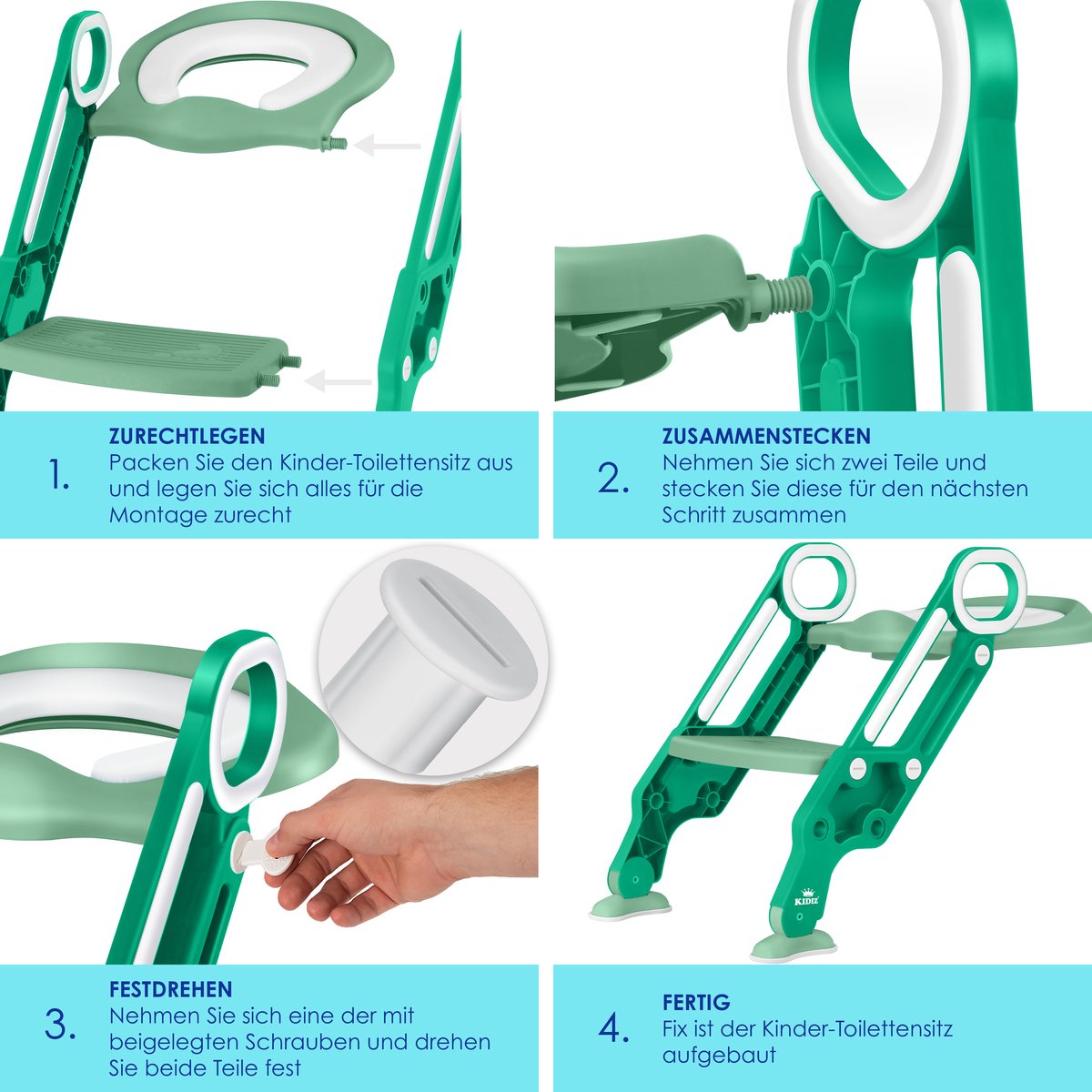 KIDIZ® Toiletbril voor kinderen Kindertoiletbril Toilettrainer met Trap en Handgrepen Opvouwbare Kindertoiletbril Potjestrainer Leren Potje Comfortabel Kussen en Brede Treden Toilettrappen In Hoogte Verstelbaar - Groen